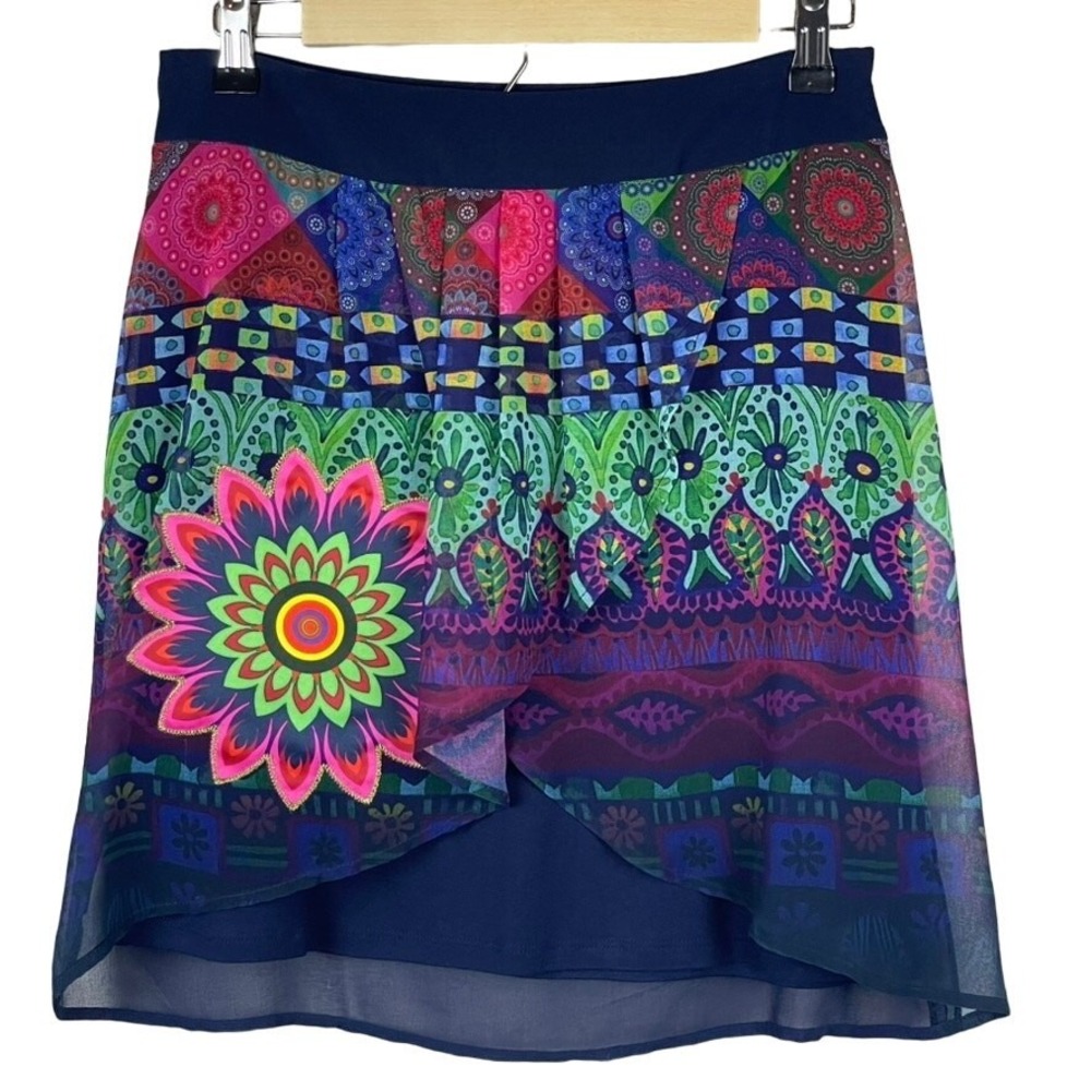 Desigual Skirt Size 36 / US 6 Blue Mixed Print Tulip Overlay Mini Skirt
